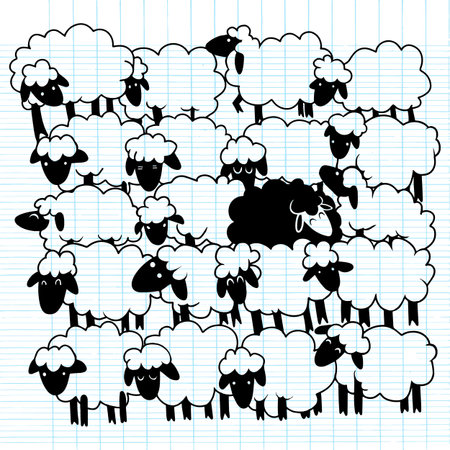 Black sheep amongst white sheep ,single black sheep in white sheep group. dissimilar concept  illustration.